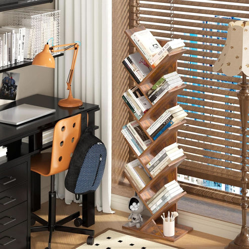 10 Tier Tree Bookshelf Brown Wood Floor Standing Bookcase For Living Room Decor Storage